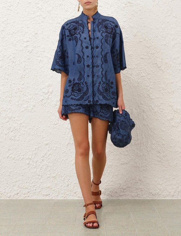 Aster bestickte Denim-Shorts in Railway Blue online Aster bestickte Denim-Shorts in Railway Blue online