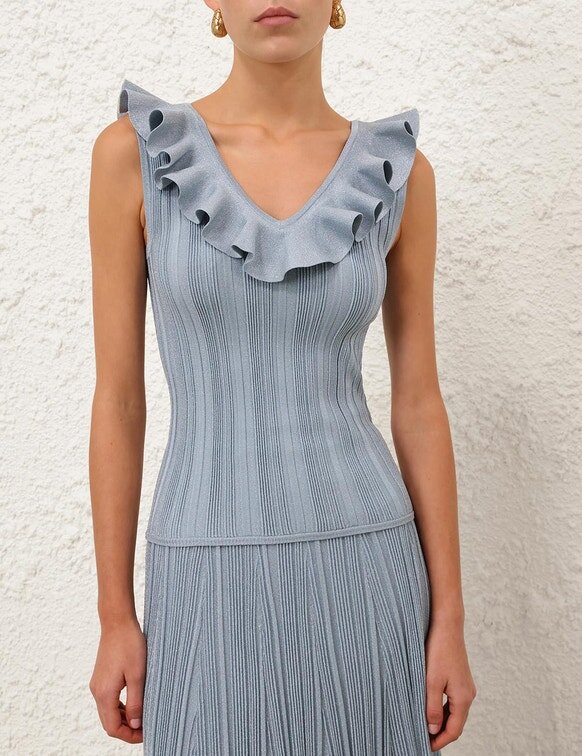 Aster Metallic-Rüschen-Oberteil in Metallic-Blau online Aster Metallic-Rüschen-Oberteil in Metallic-Blau online