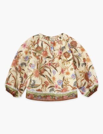 Indra Kinder-Oberteil mit Kontrastbesatz in Creme-Khaki mit Schalsblumenmuster online