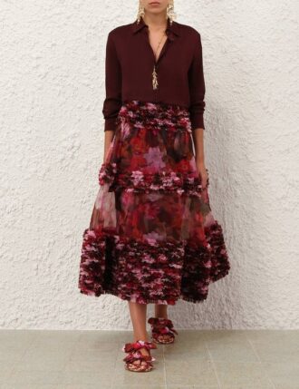 Luna Ruffle Midi-Rock in Chocolate Rose online