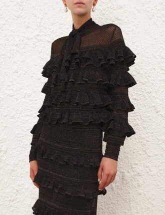 Rebellion Rüschen-Oberteil mit Bindeband in Metallic Black online