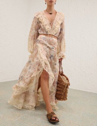 Rebellion Spitzen-Maxirock in Creme mit Blumenmuster online